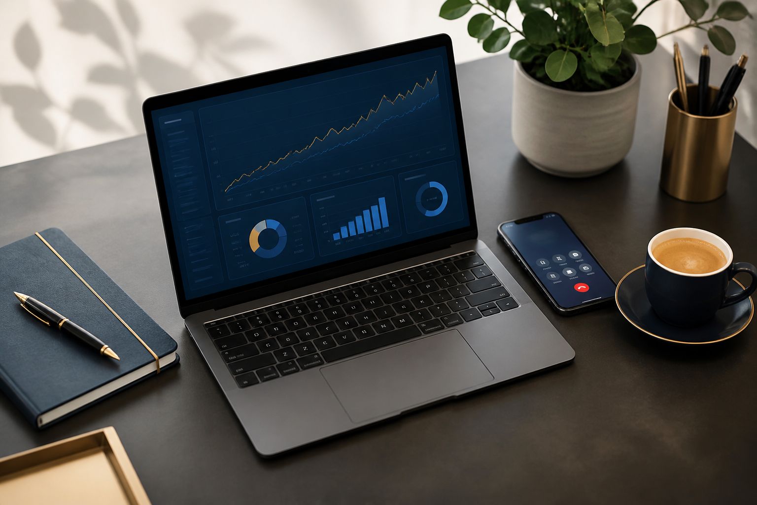 A laptop showing a live financial dashboard on a modern desk